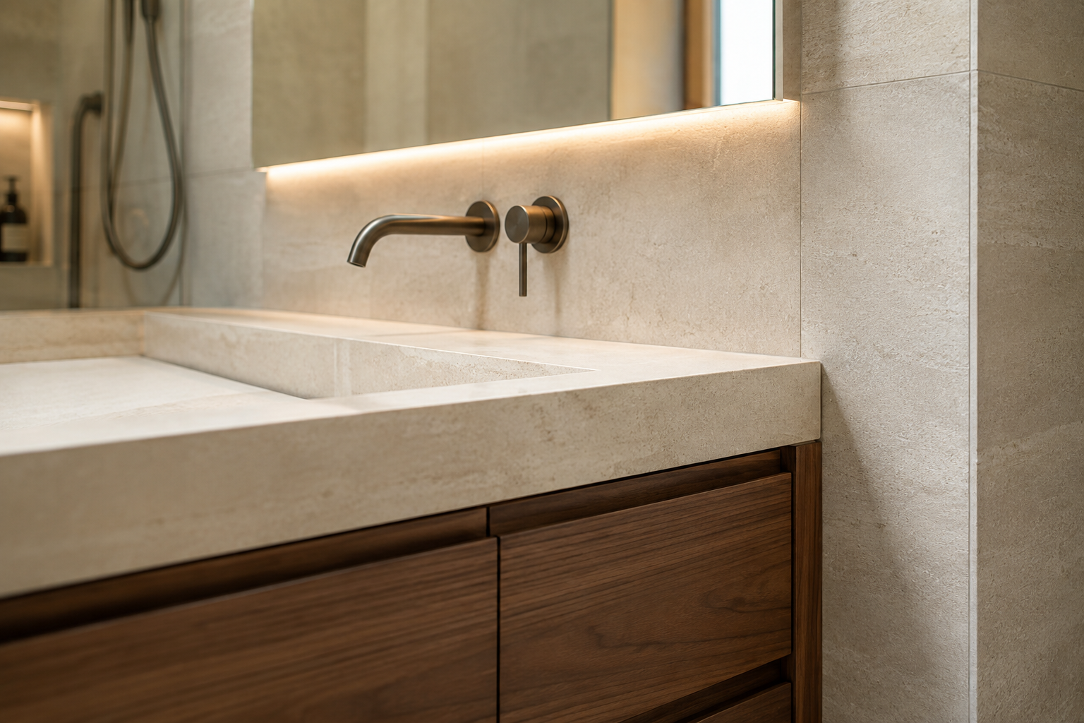 Custom bathroom vanity, mirror lighting and shower junctions