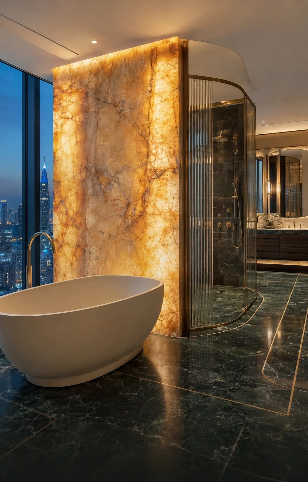Five-star hotel bathroom with a backlit honey onyx wall, sculptural tub and curved shower