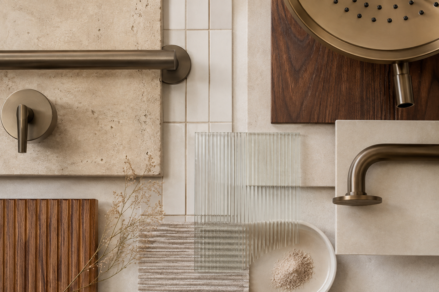 Stone, timber and metal samples for custom bathrooms