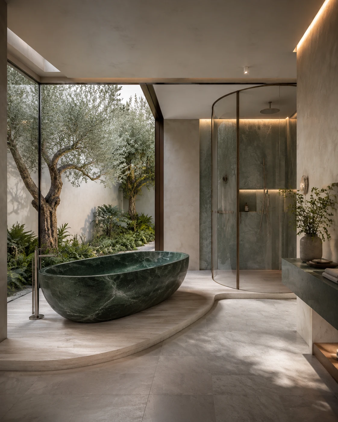 Luxury villa bathroom with an emerald stone bathtub, curved glass shower and private olive courtyard