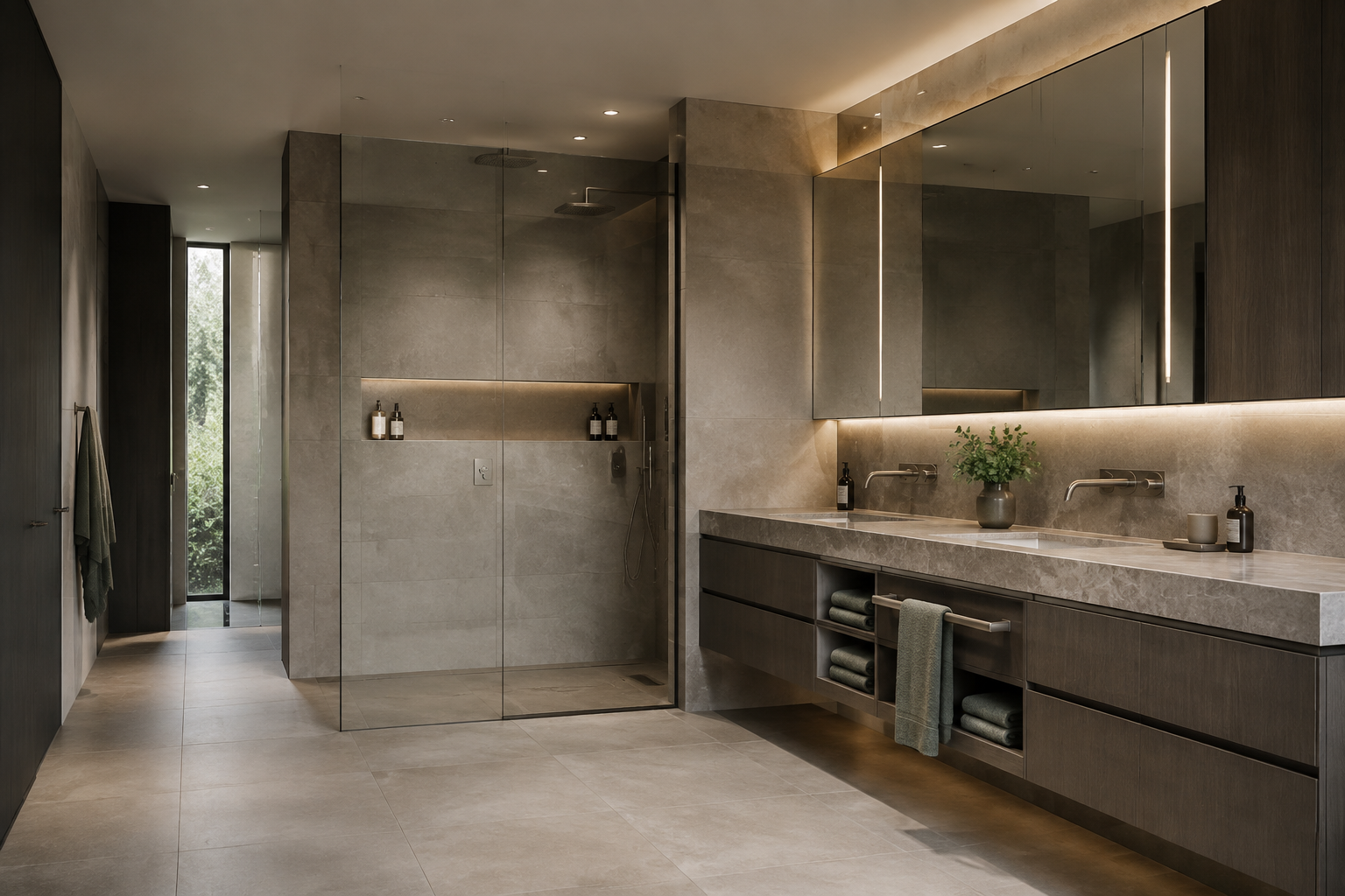 Custom vanity, stone surfaces, sanitary fittings and glass shower in a contemporary bathroom