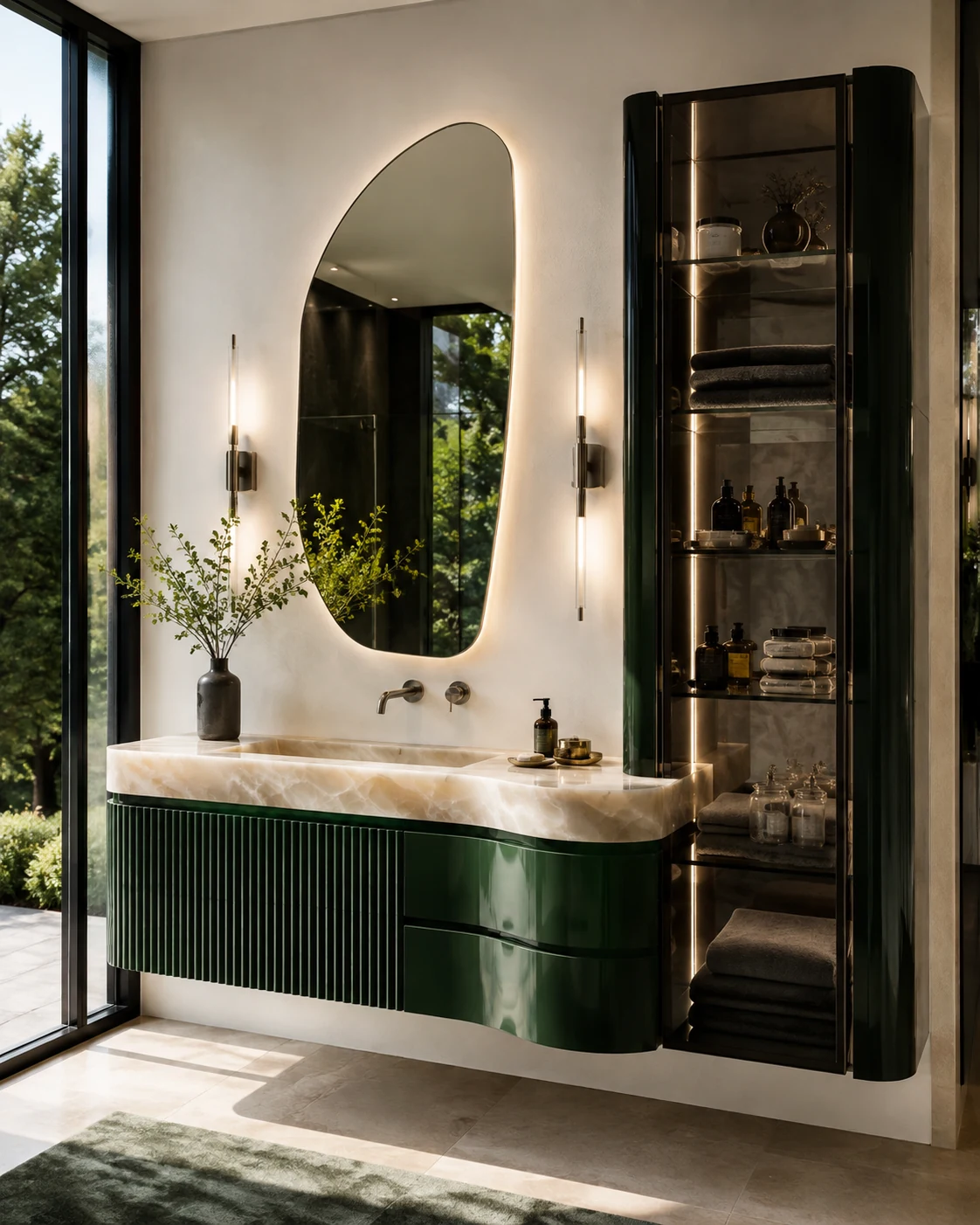 Custom forest-green vanity with illuminated onyx basin and integrated glass storage