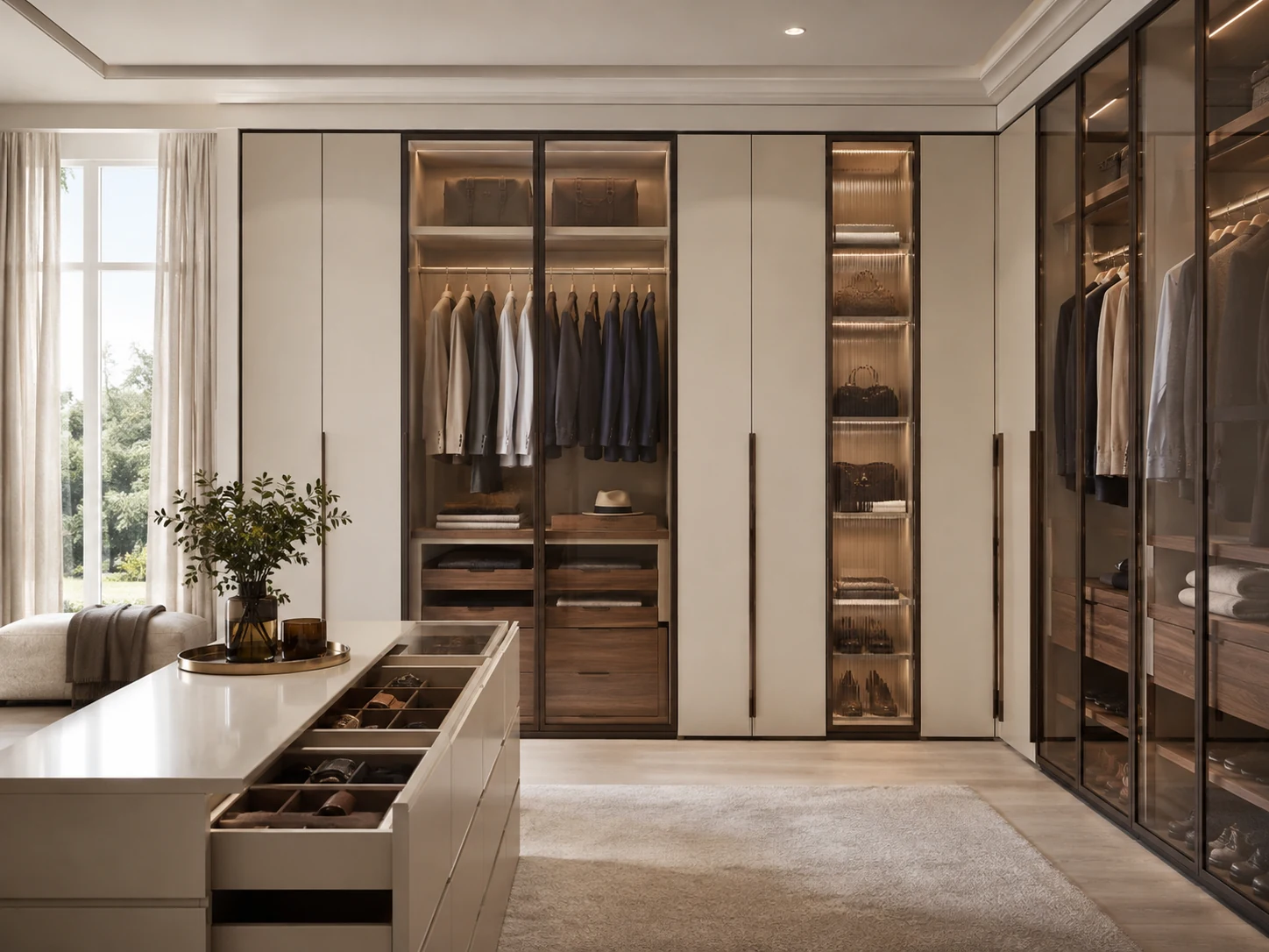 European-style custom walk-in wardrobe with ivory lacquer, smoked glass and bronze detailing