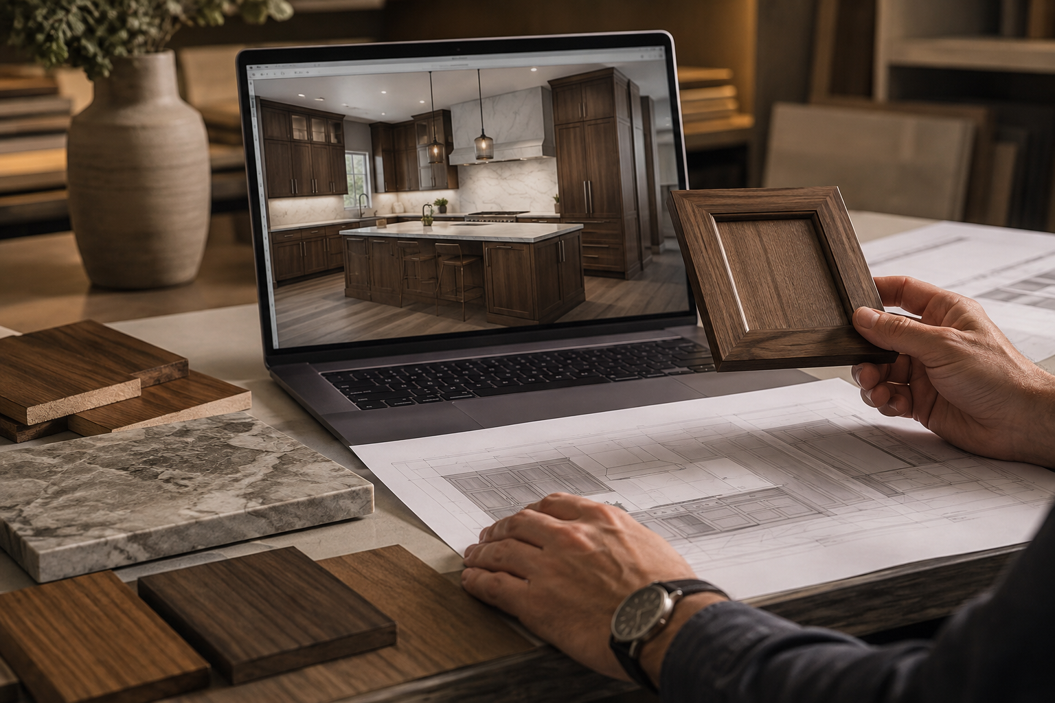 Custom kitchen cabinetry design showing integrated storage and lighting