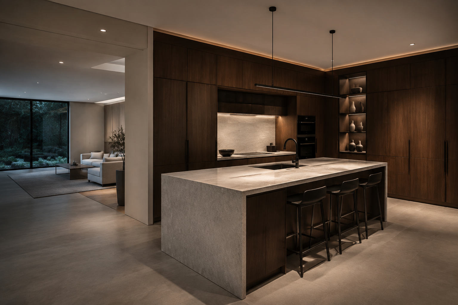 Contemporary custom walnut kitchen cabinetry integrated into a complete interior