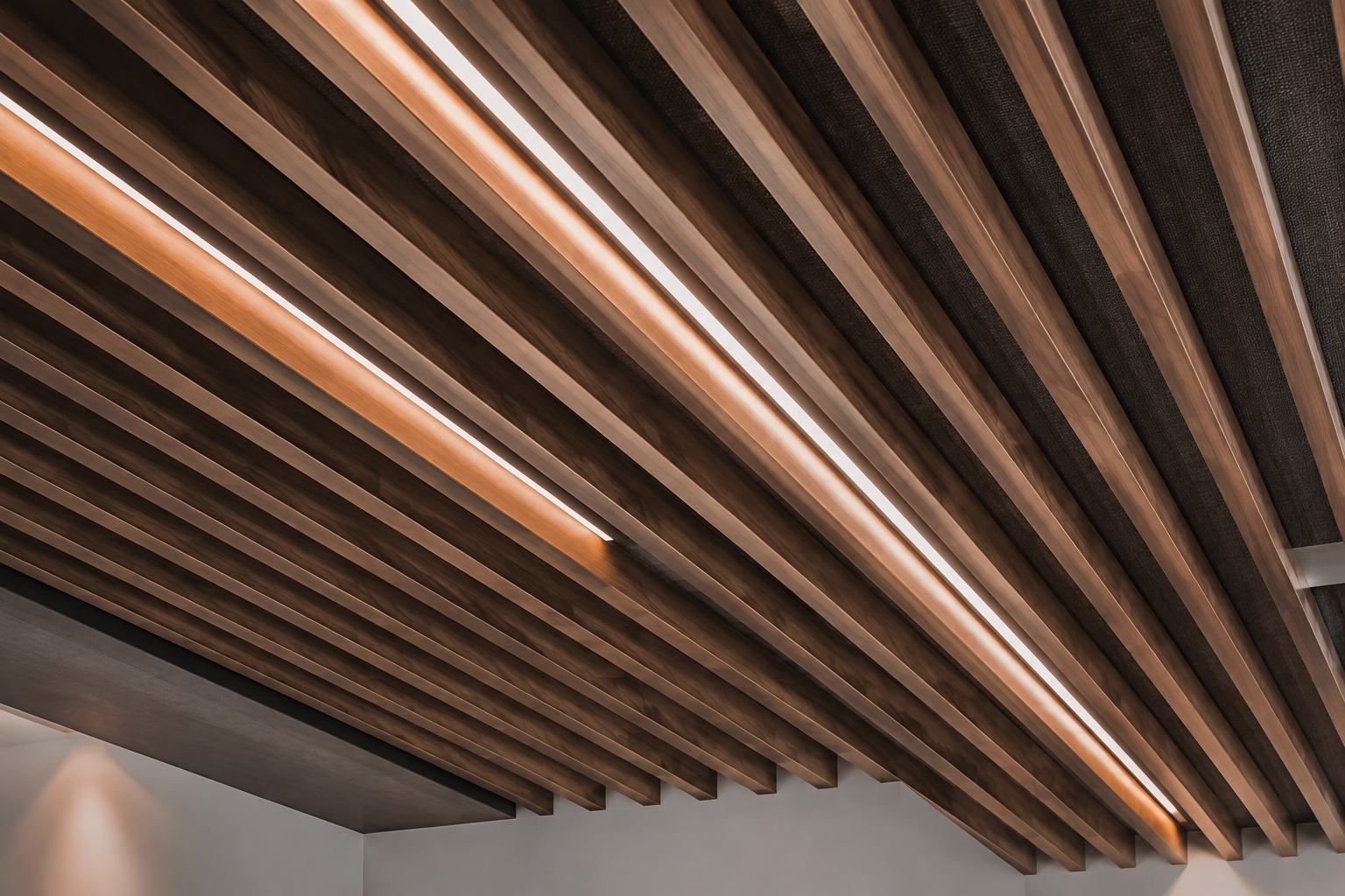Close architectural view of timber ceiling slats and concealed linear lighting