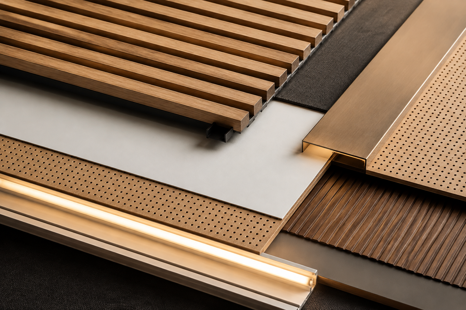 Interior material samples for custom ceiling systems