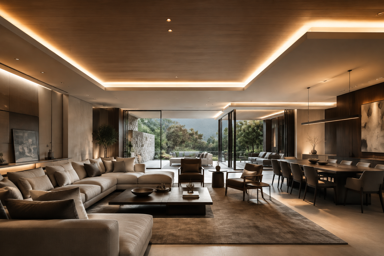 Layered ceiling with concealed lighting in a villa interior