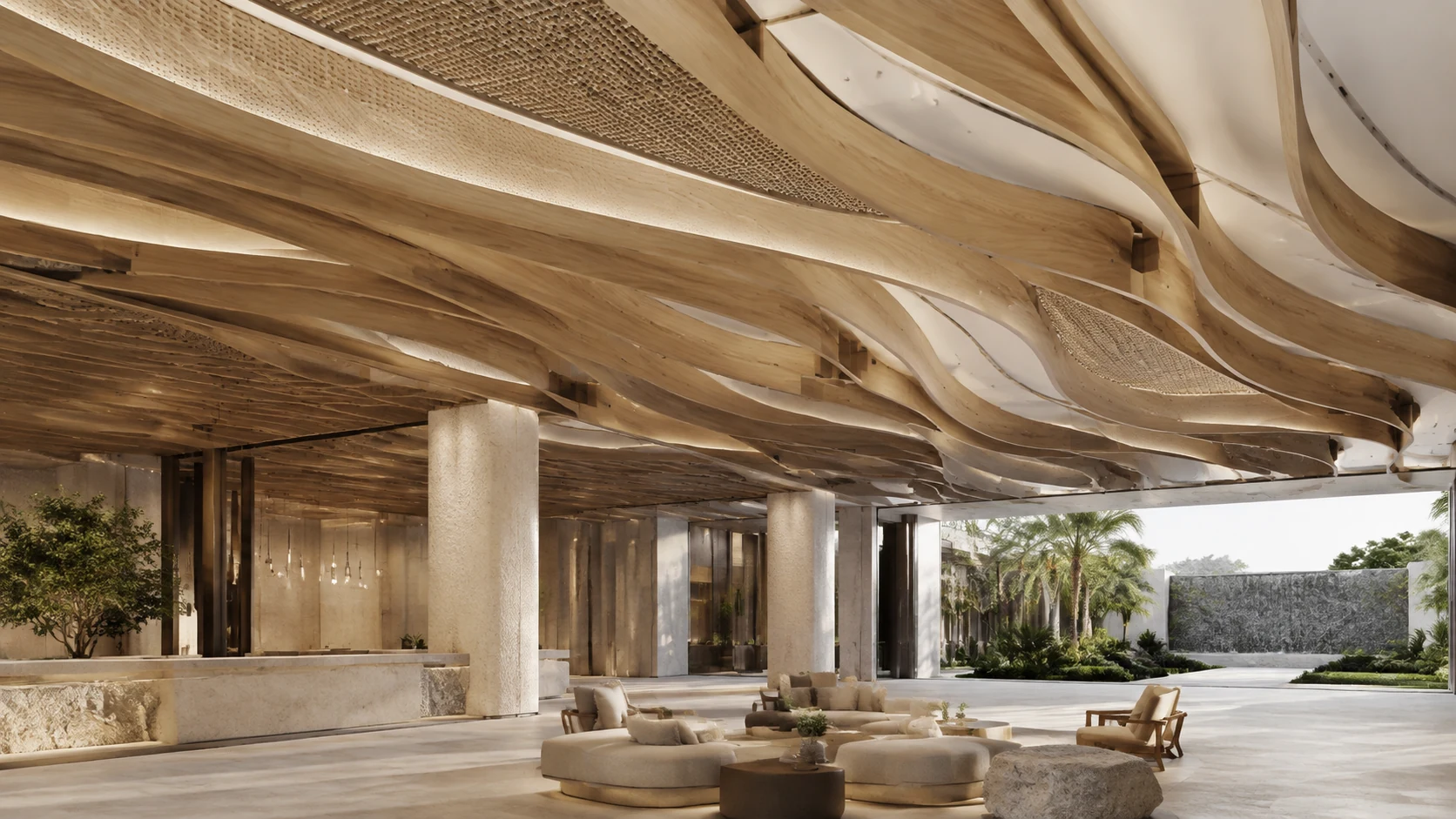 Custom pale-oak slatted and acoustic ceiling system spanning a contemporary hospitality lounge
