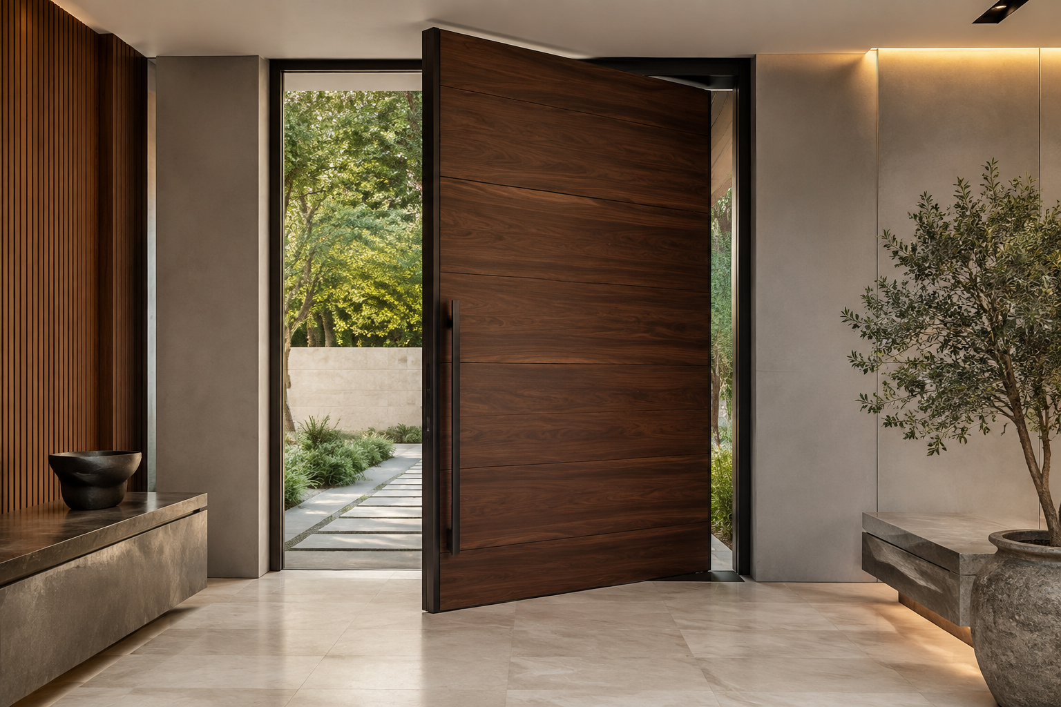 Large timber pivot entrance door