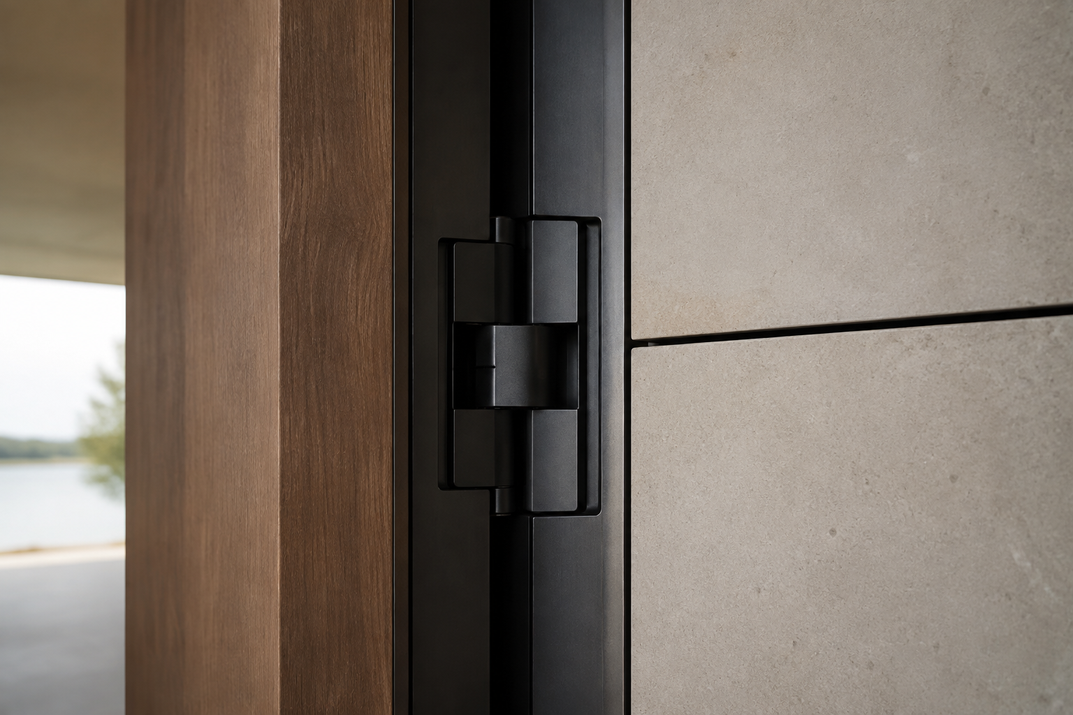 Close architectural view of a timber pivot door and precise wall junctions