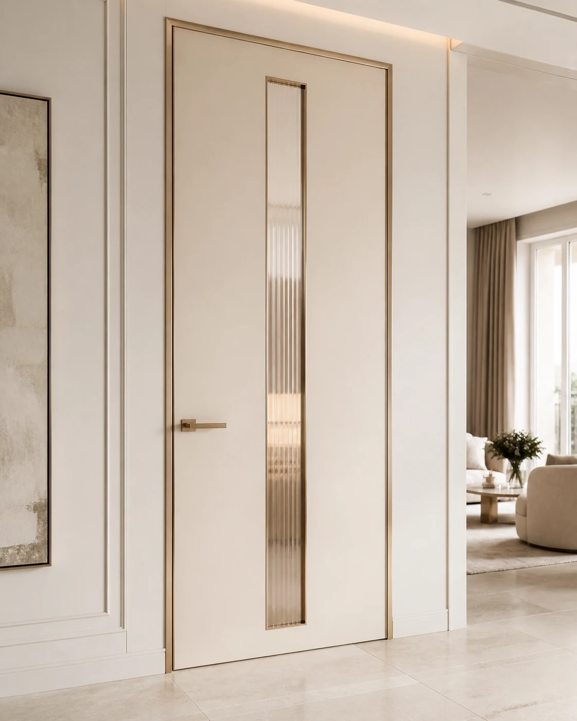 Ivory lacquer interior passage door with champagne-bronze trim and fluted glass