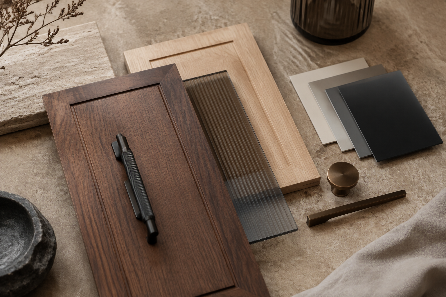Interior material samples for custom door finishes