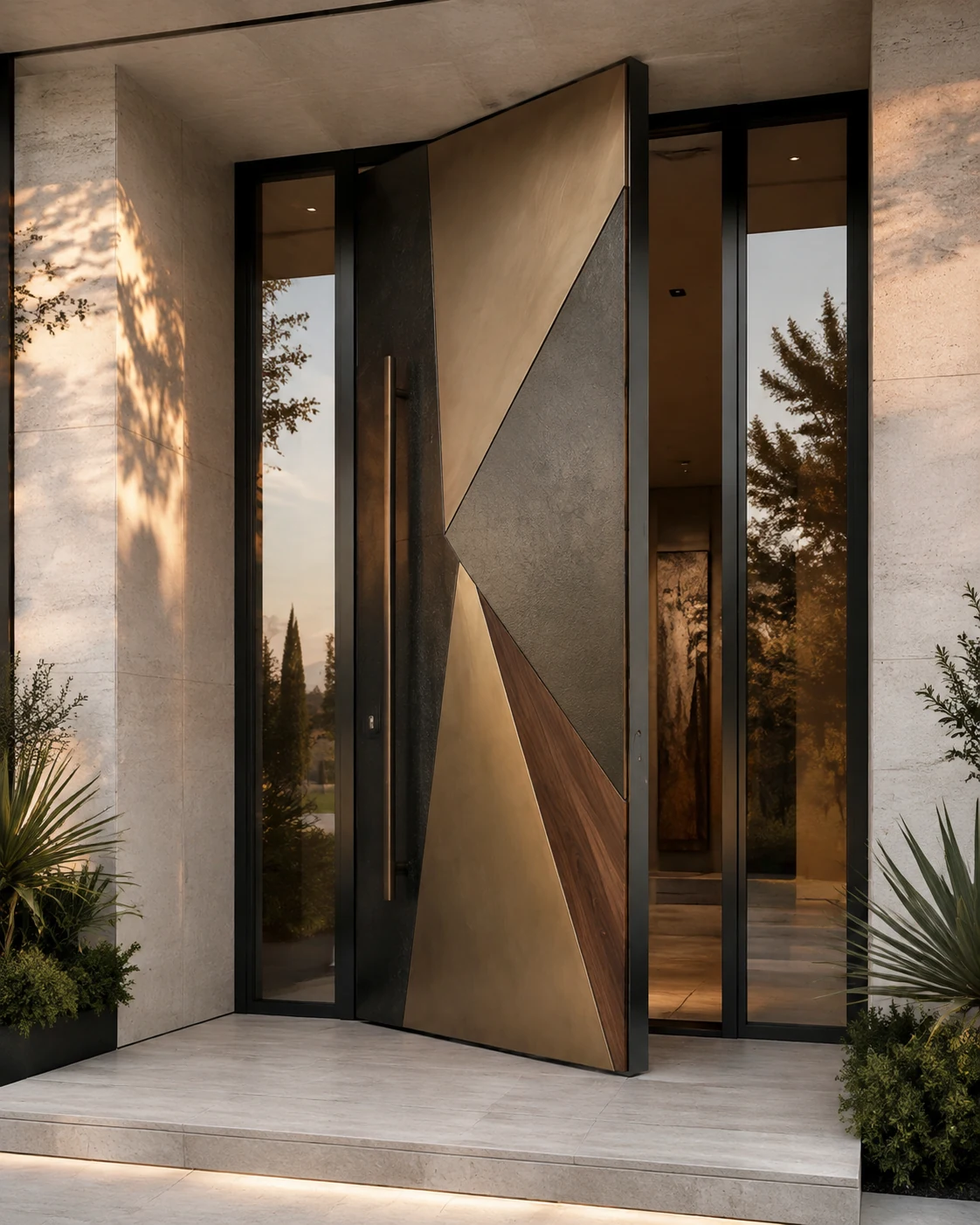 Sculptural mixed-material pivot entrance door with bronze, patinated metal and walnut detailing
