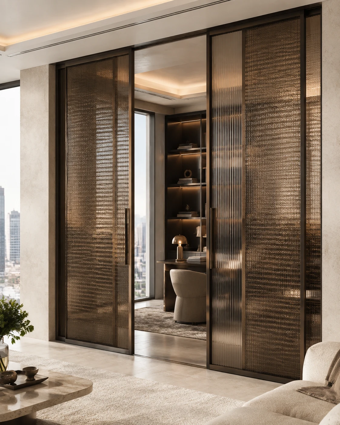 Bronze-framed sliding door system with fluted glass and woven metal mesh