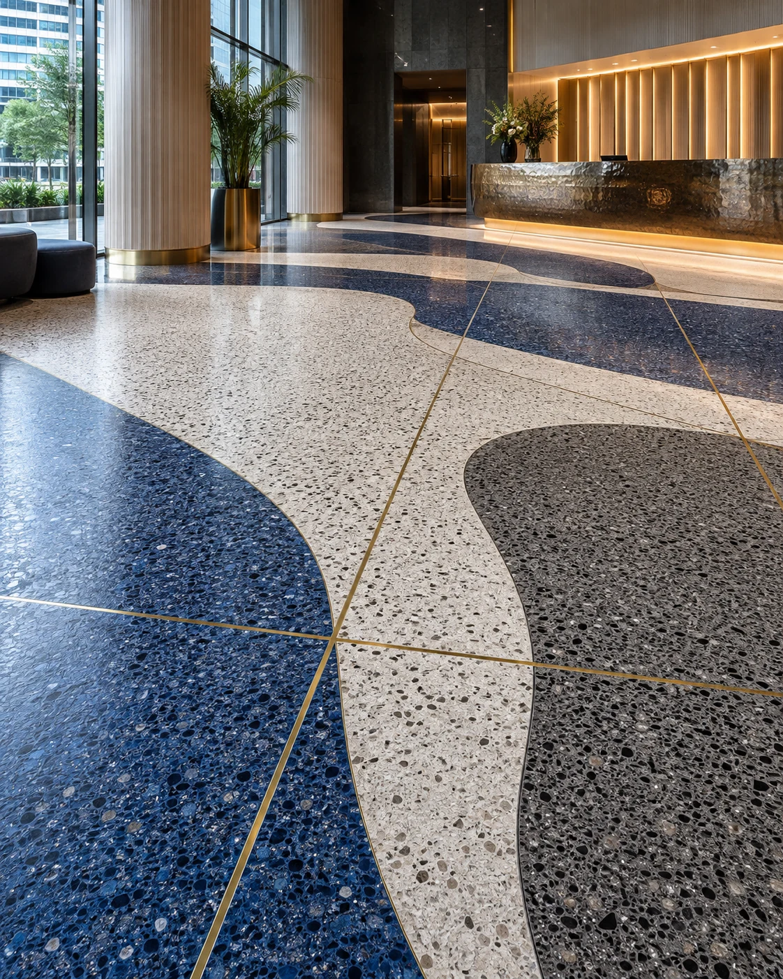 Custom cobalt, white and charcoal terrazzo flooring for a five-star hotel lobby