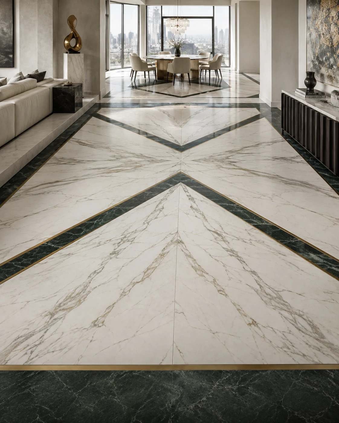Bookmatched Calacatta-style porcelain floor with green stone borders and brass inlays
