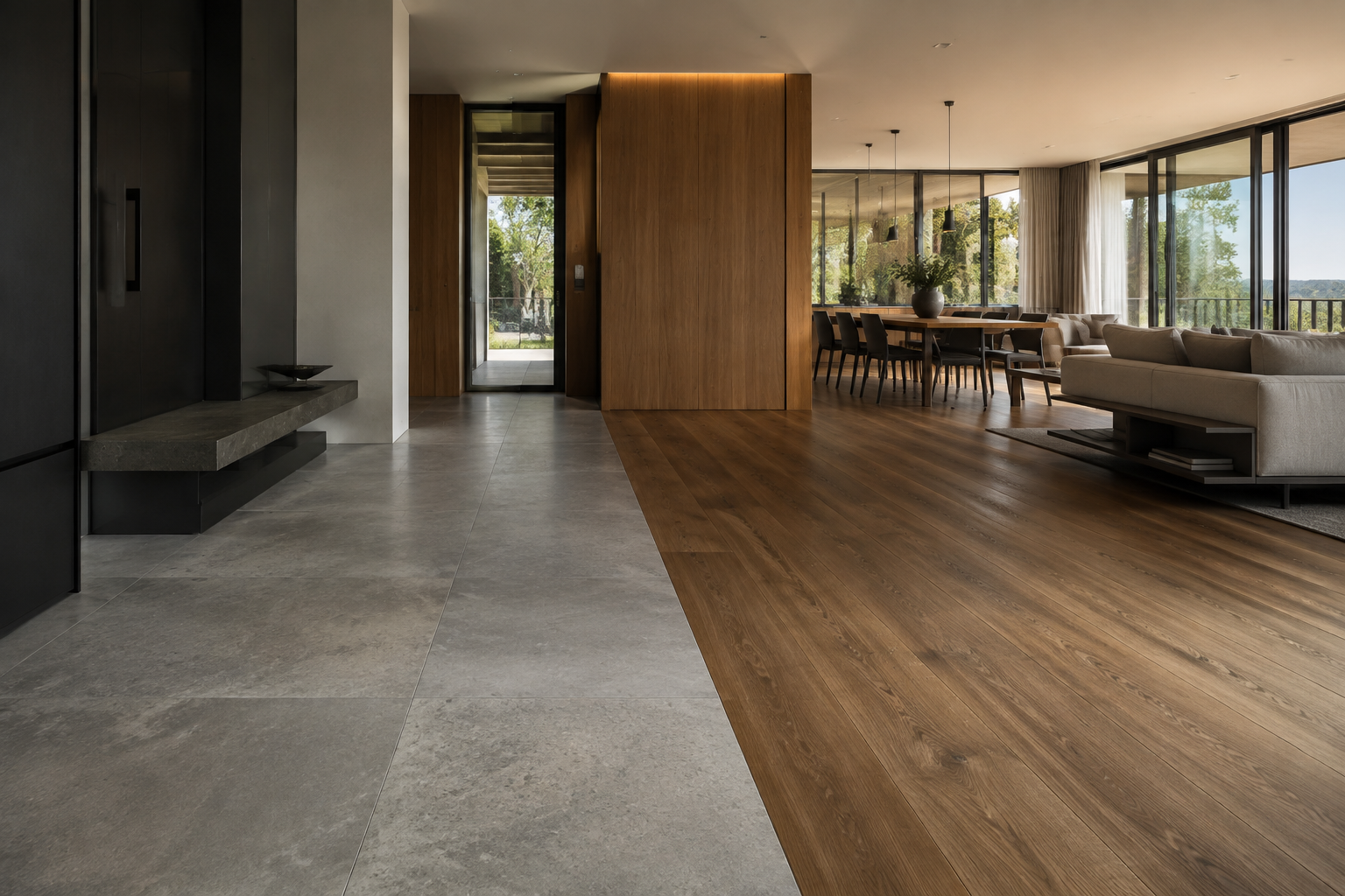 Engineered timber flooring transitioning into large-format stone in a contemporary villa