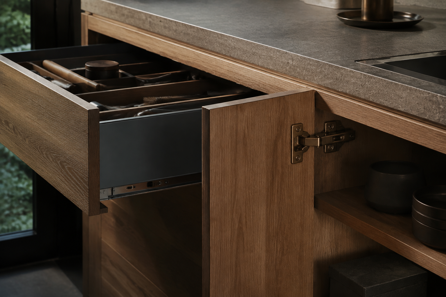 Concealed cabinet hardware in a custom interior