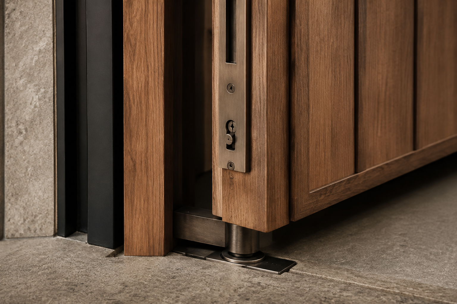 Close view of coordinated door hardware and metal junctions