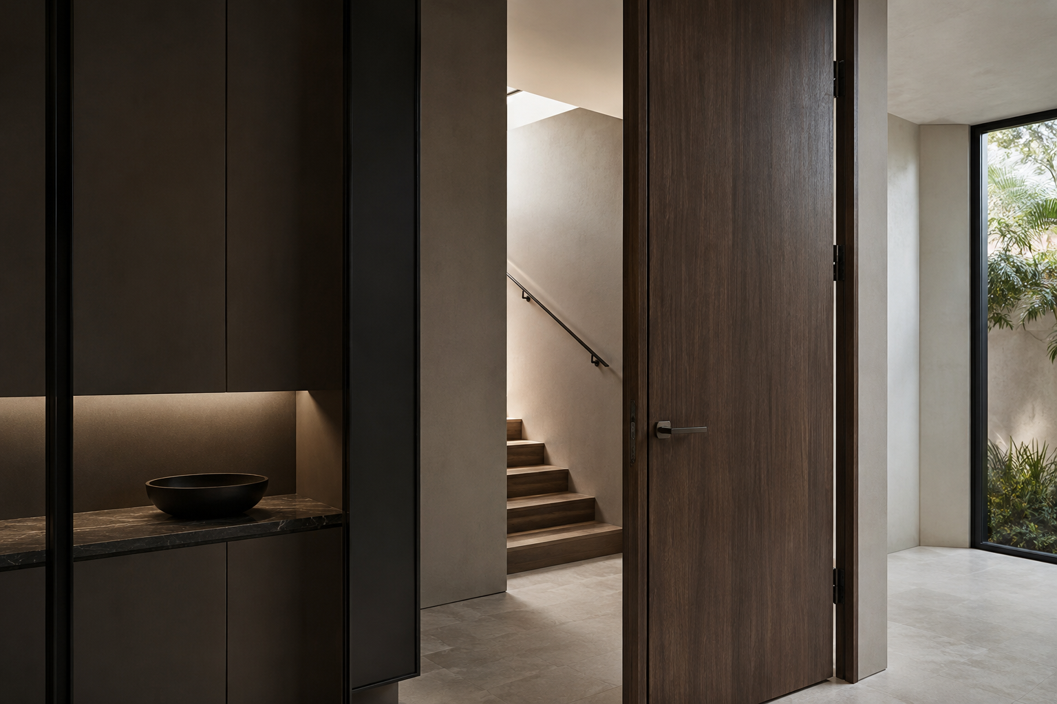 Timber door with coordinated handle, concealed hinges and architectural metal details