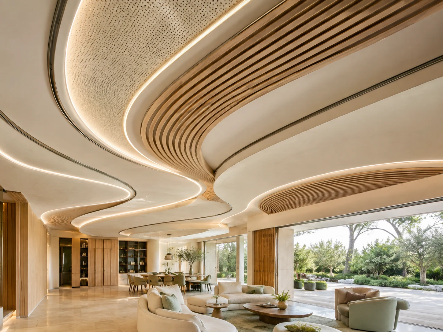 Sculptural ceiling with integrated lighting