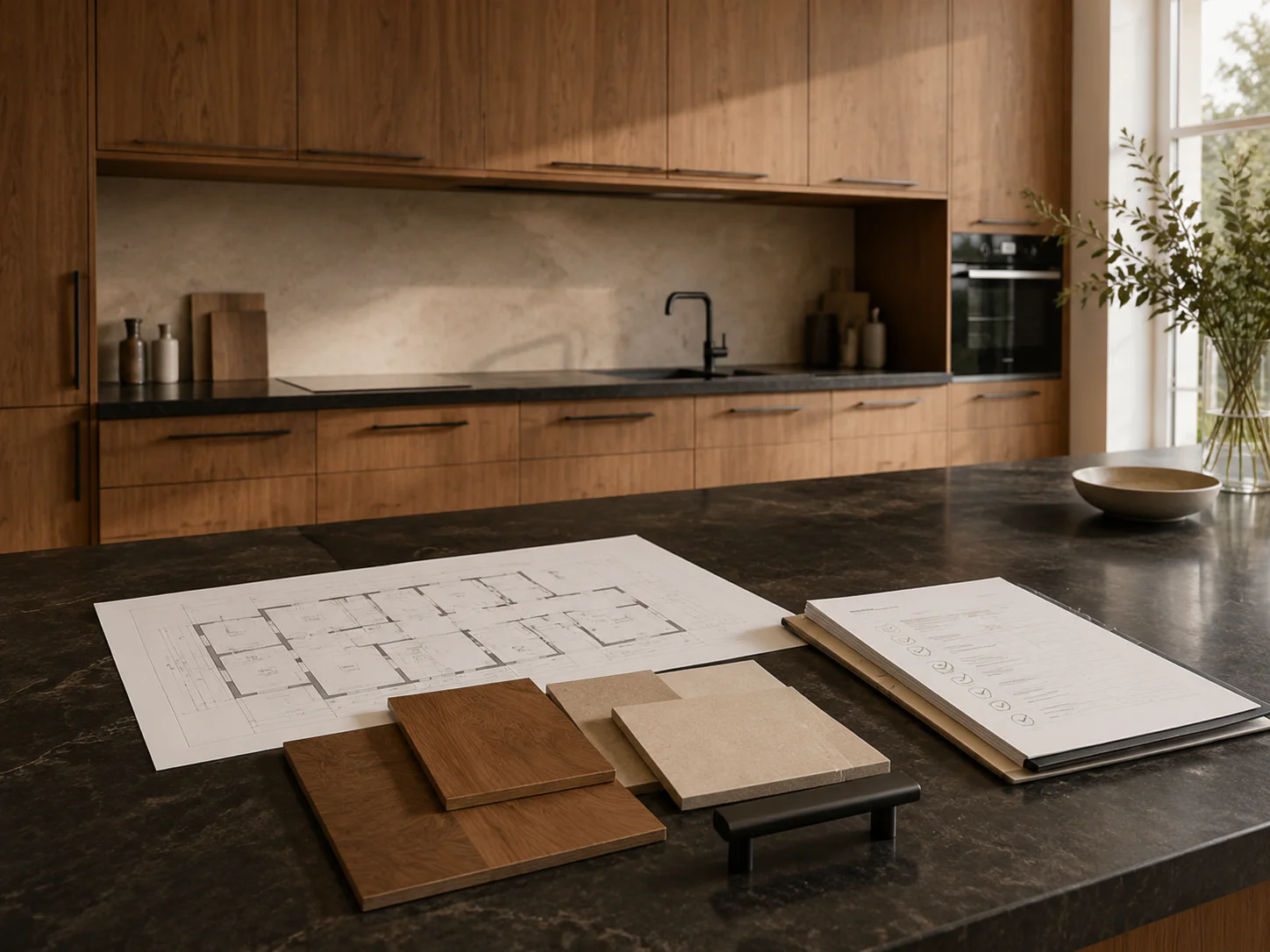 Cabinetry material samples reviewed against project drawings