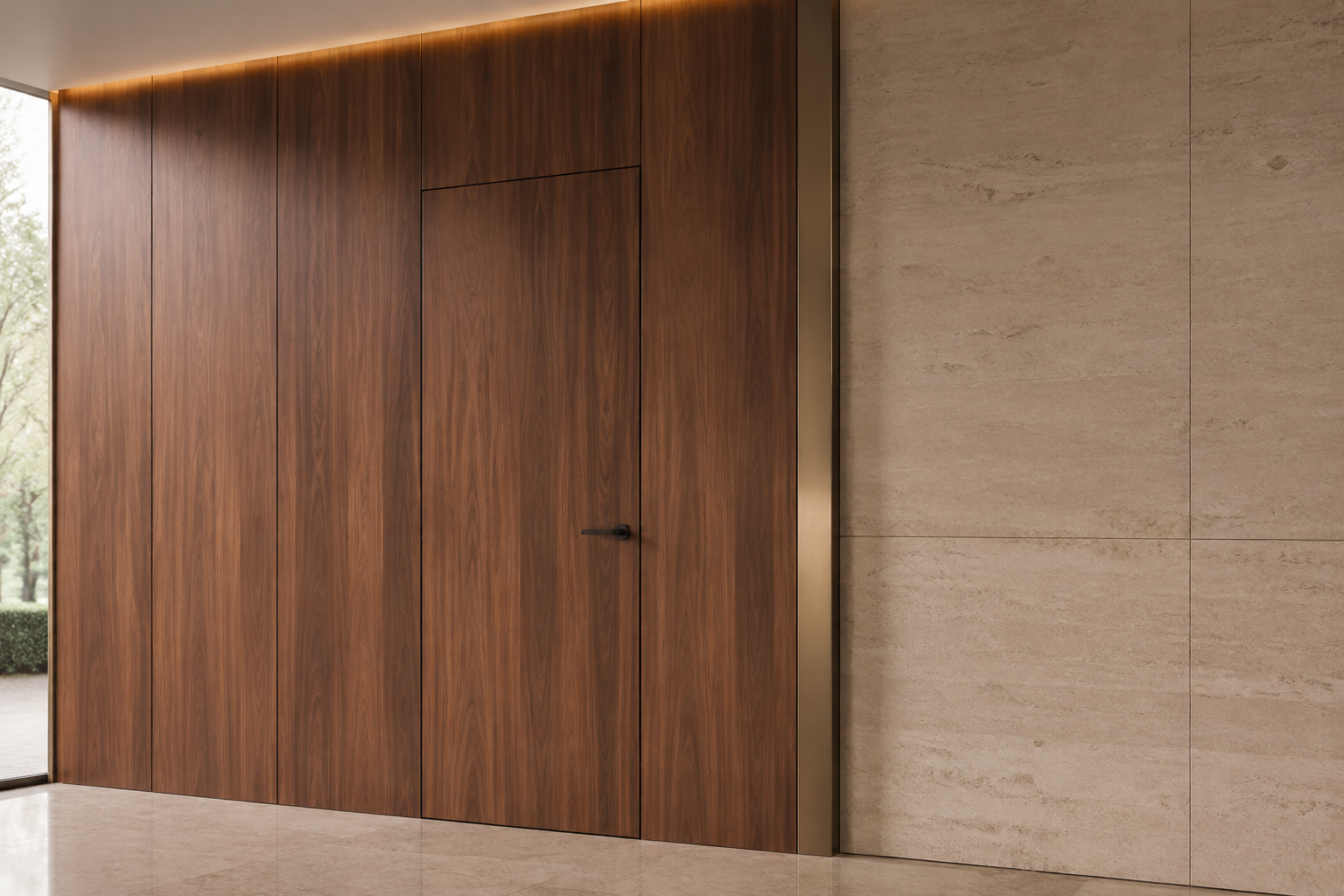 Close architectural view of timber wall panels, stone and concealed door