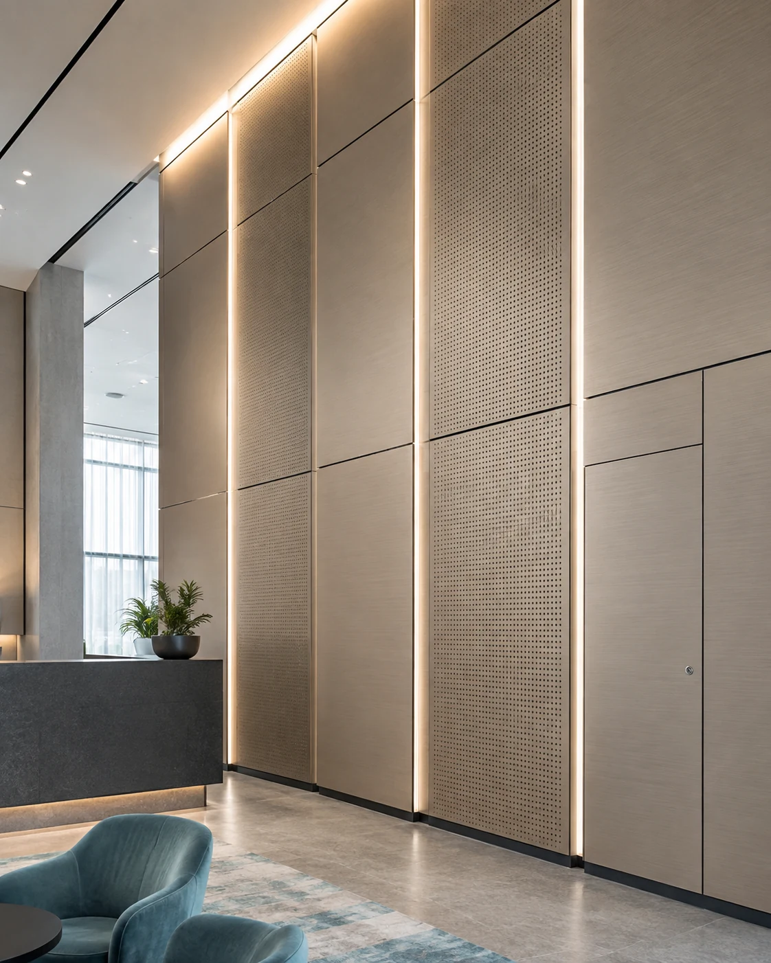 Champagne aluminum wall panels with perforated modules and integrated lighting