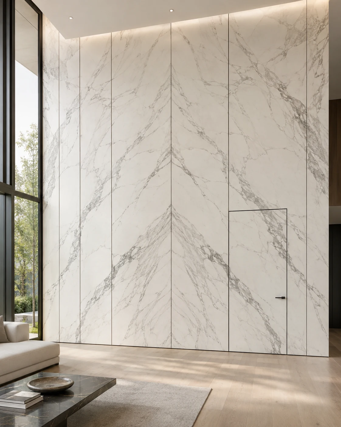 Large-format marble-pattern wall panels with book-matched grey veining