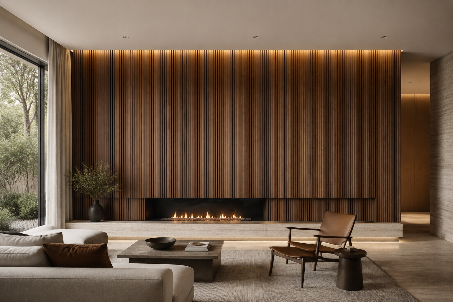 Full-height custom wood wall panels in a contemporary living room