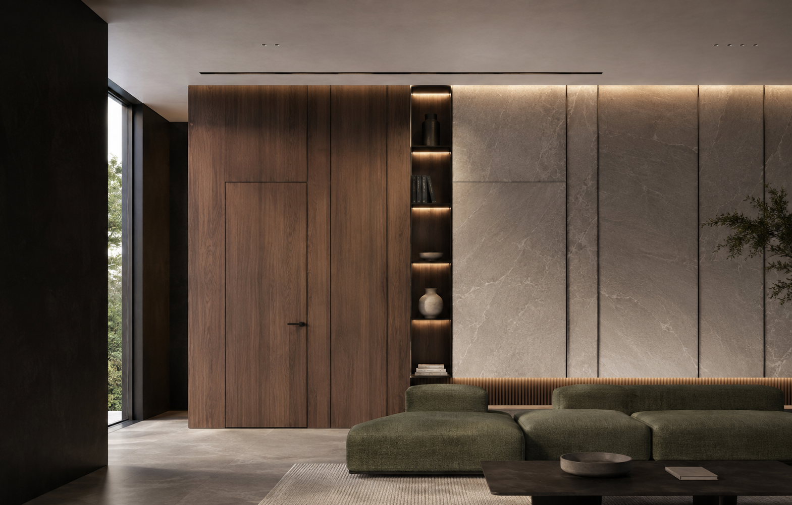 Full-height timber and stone wall system in a contemporary interior
