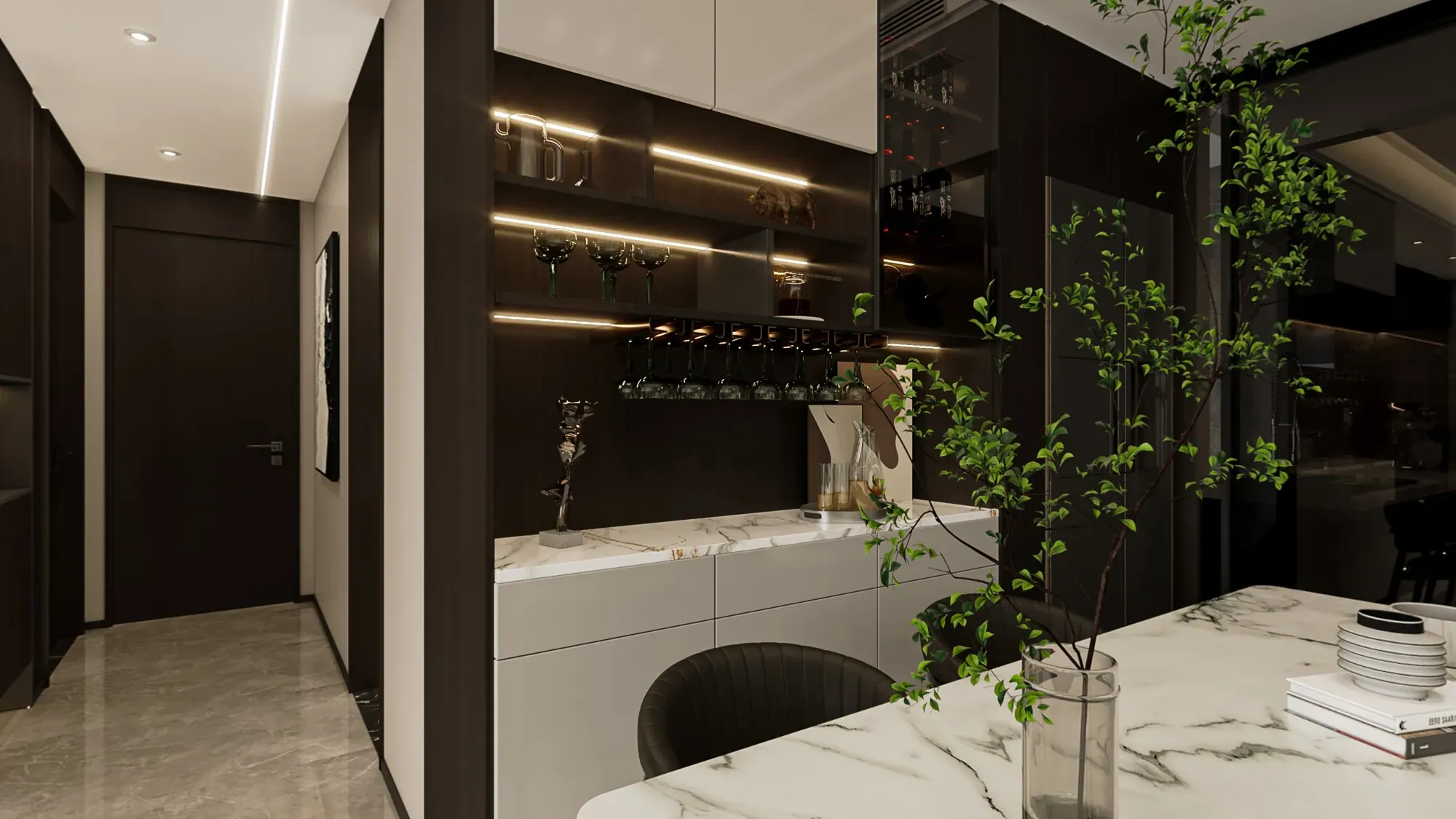 Apartment dining gallery with long marble table and illuminated dark cabinetry