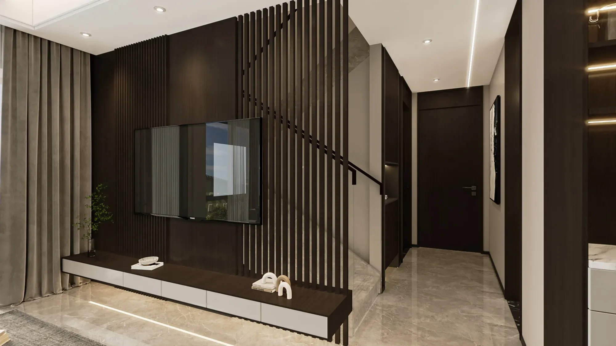 Dark timber media wall and vertical screen beside the living space