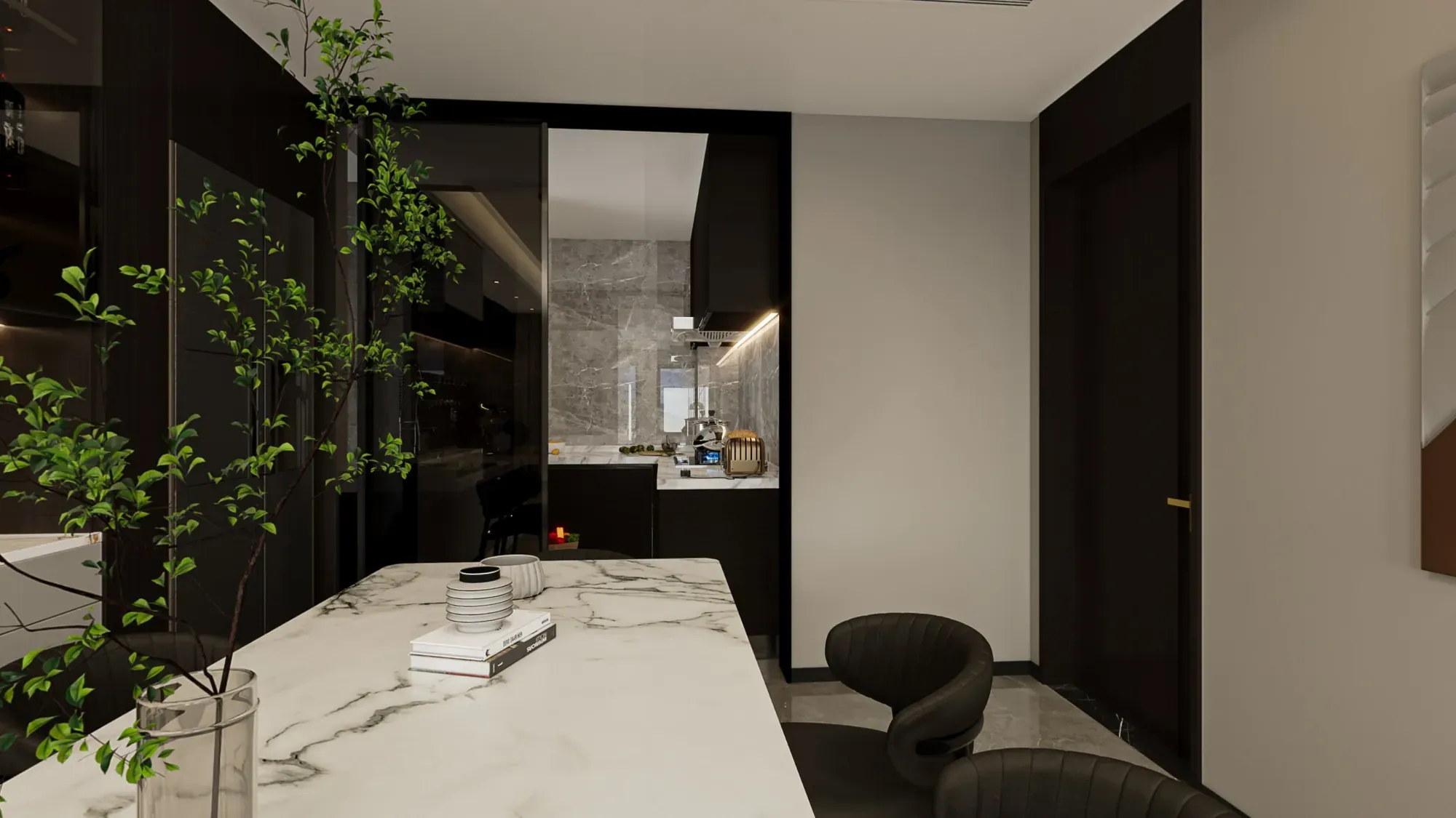 Marble dining bar with dark joinery and indoor planting
