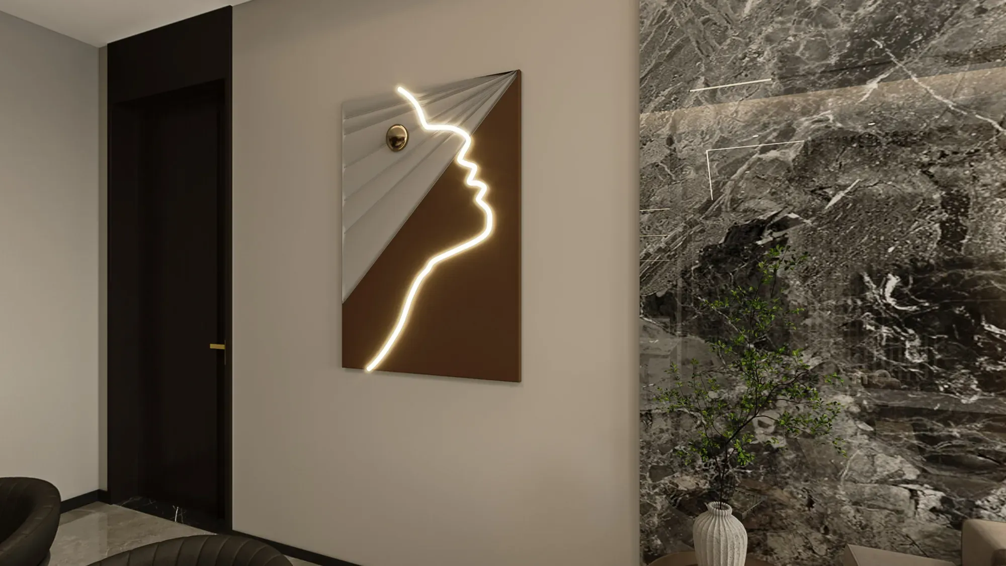 Apartment corridor with illuminated artwork and dark doors