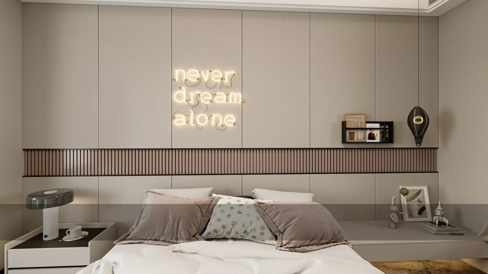 Soft neutral bedroom with upholstered wall and built-in bedside shelf