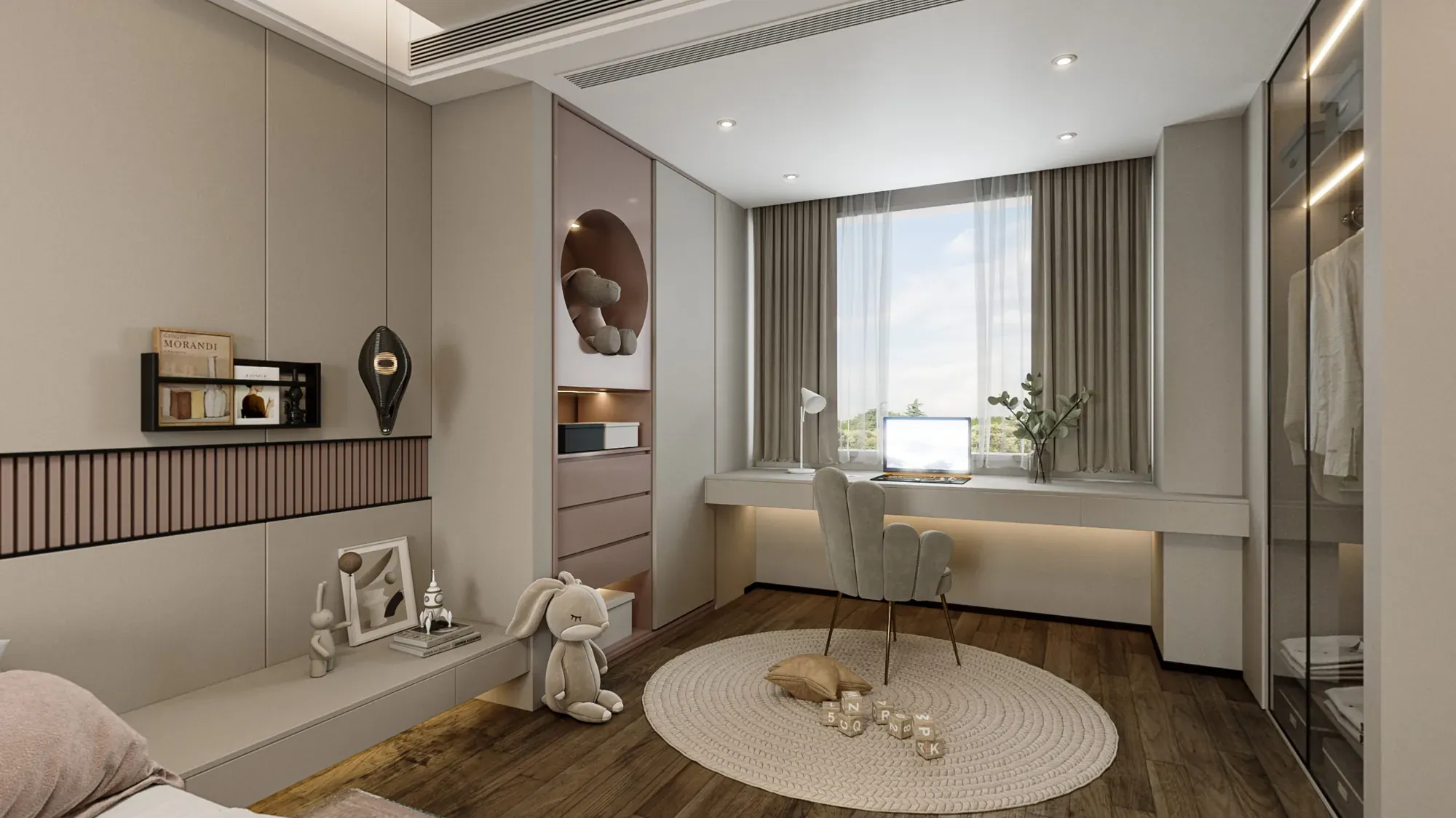 Bedroom window study with open display joinery
