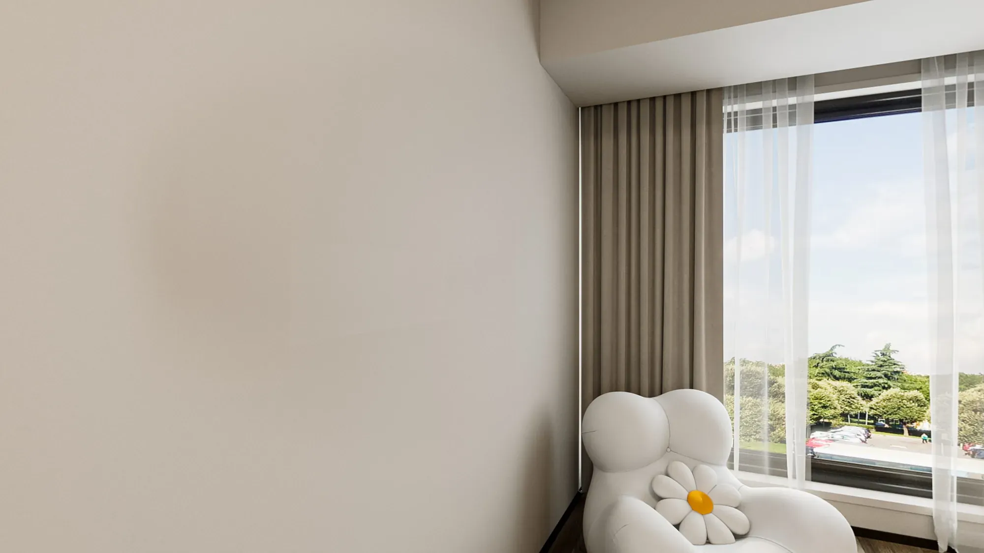 Bright bedroom window seat with sheer curtains