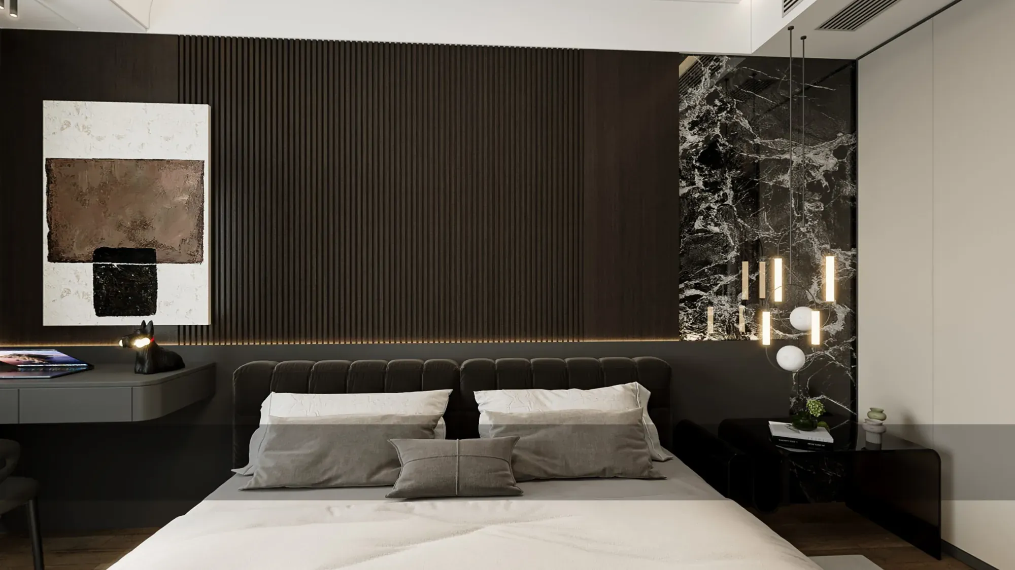 Master bedroom with dark timber wall, marble feature and tailored lighting