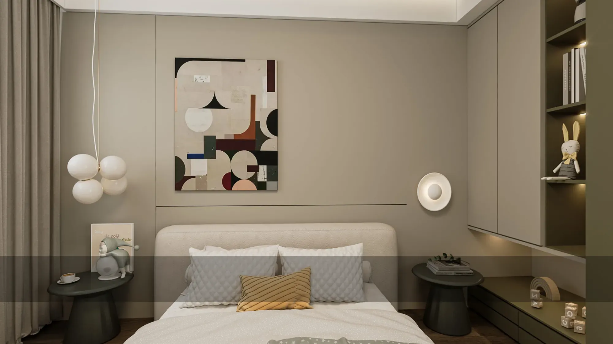 Warm grey bedroom with abstract art and fitted shelving