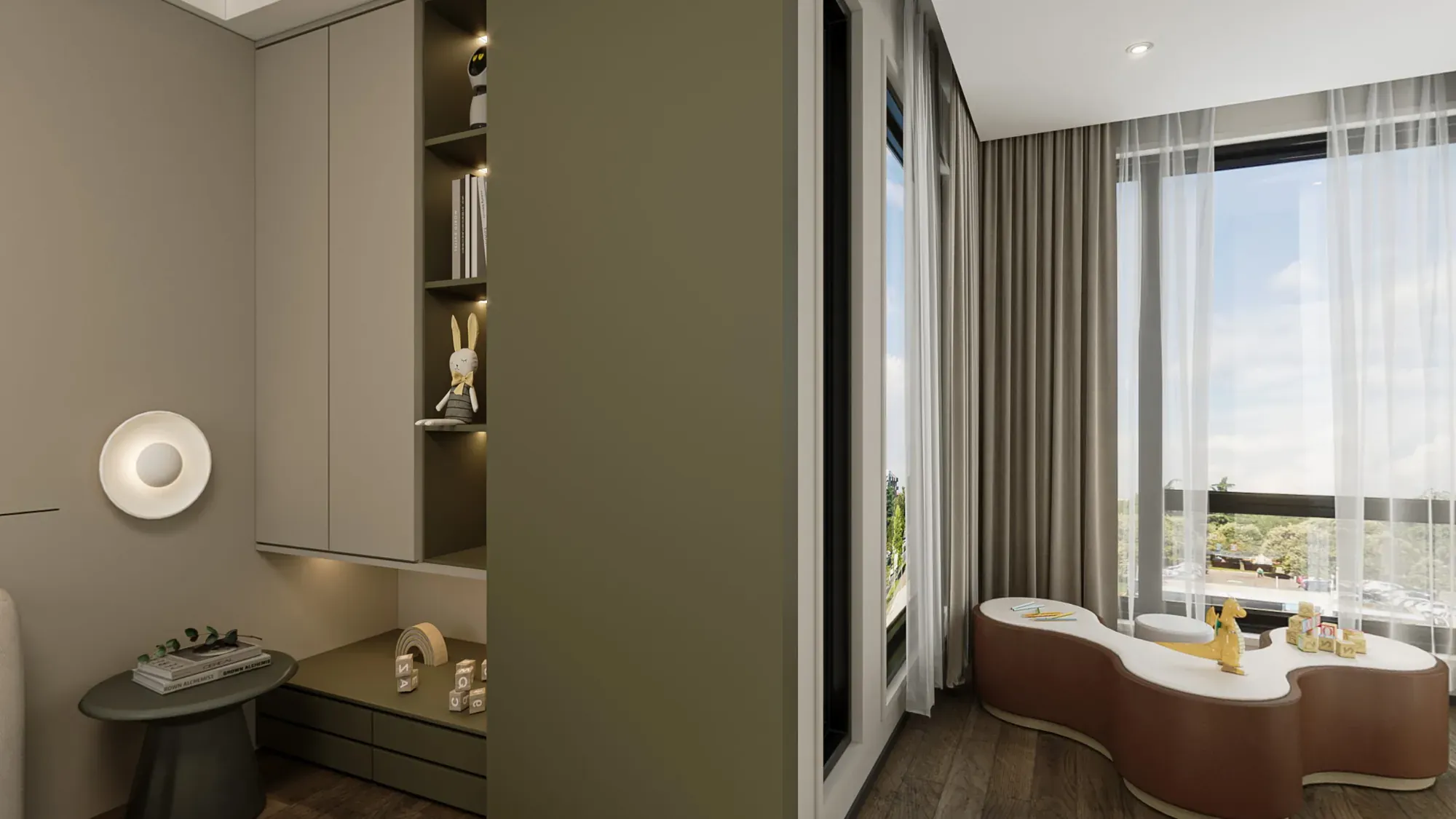 Bedroom bedside display niche with warm integrated lighting