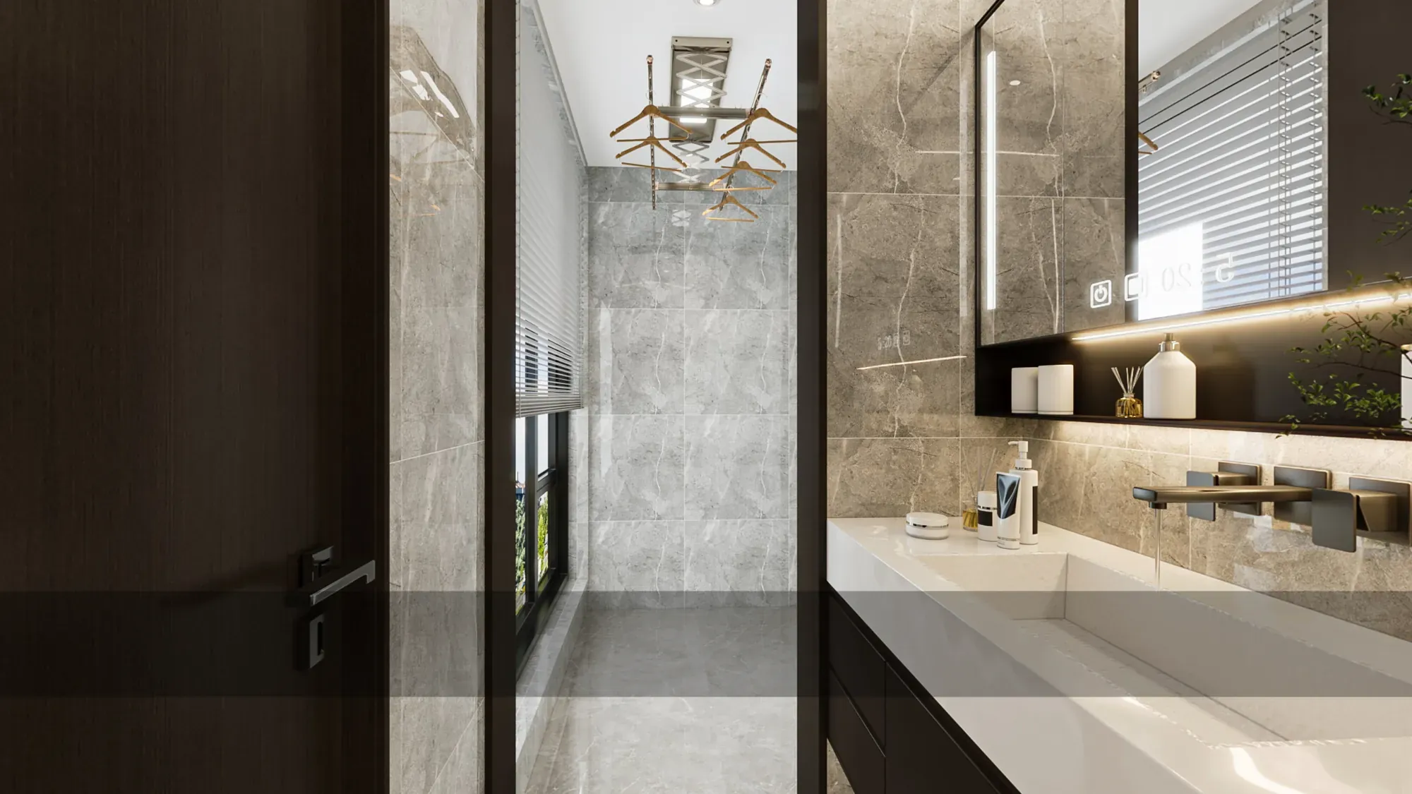 Bathroom threshold with clear glass, dark timber and pale marble surfaces