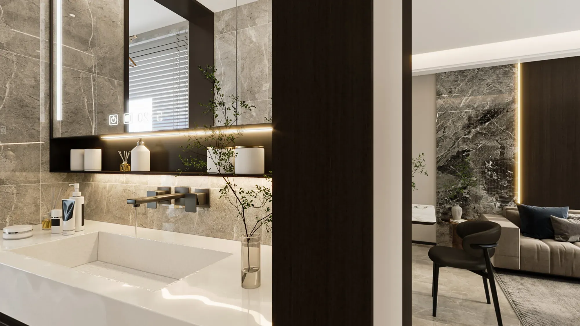 Marble bathroom vanity with mirror storage and warm task lighting