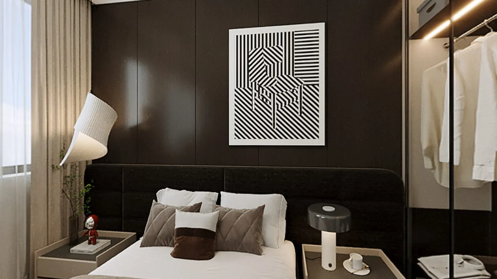 Dark contemporary bedroom with graphic artwork and integrated wardrobe