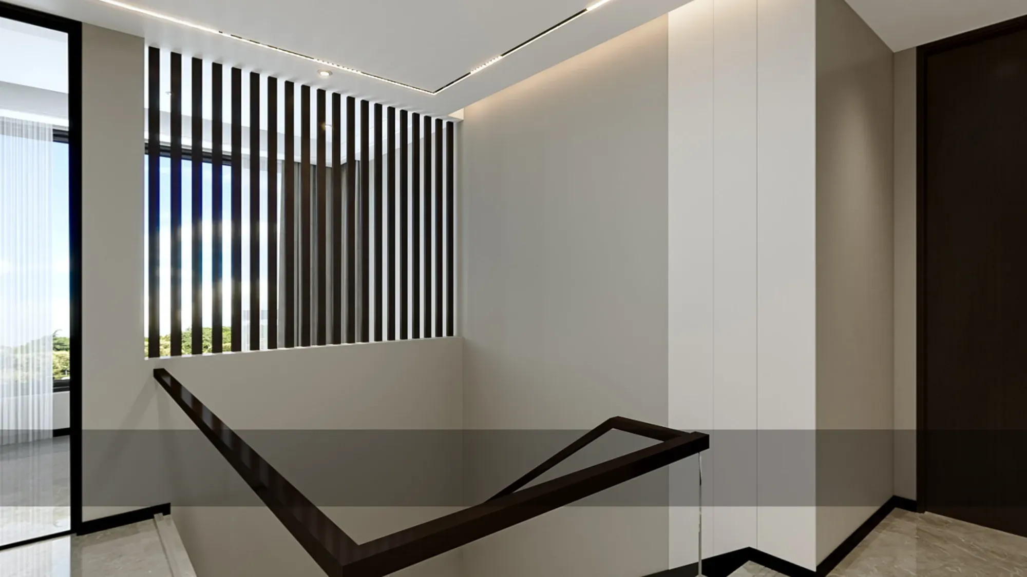 Upper landing with sculptural stair balustrade and vertical timber screen