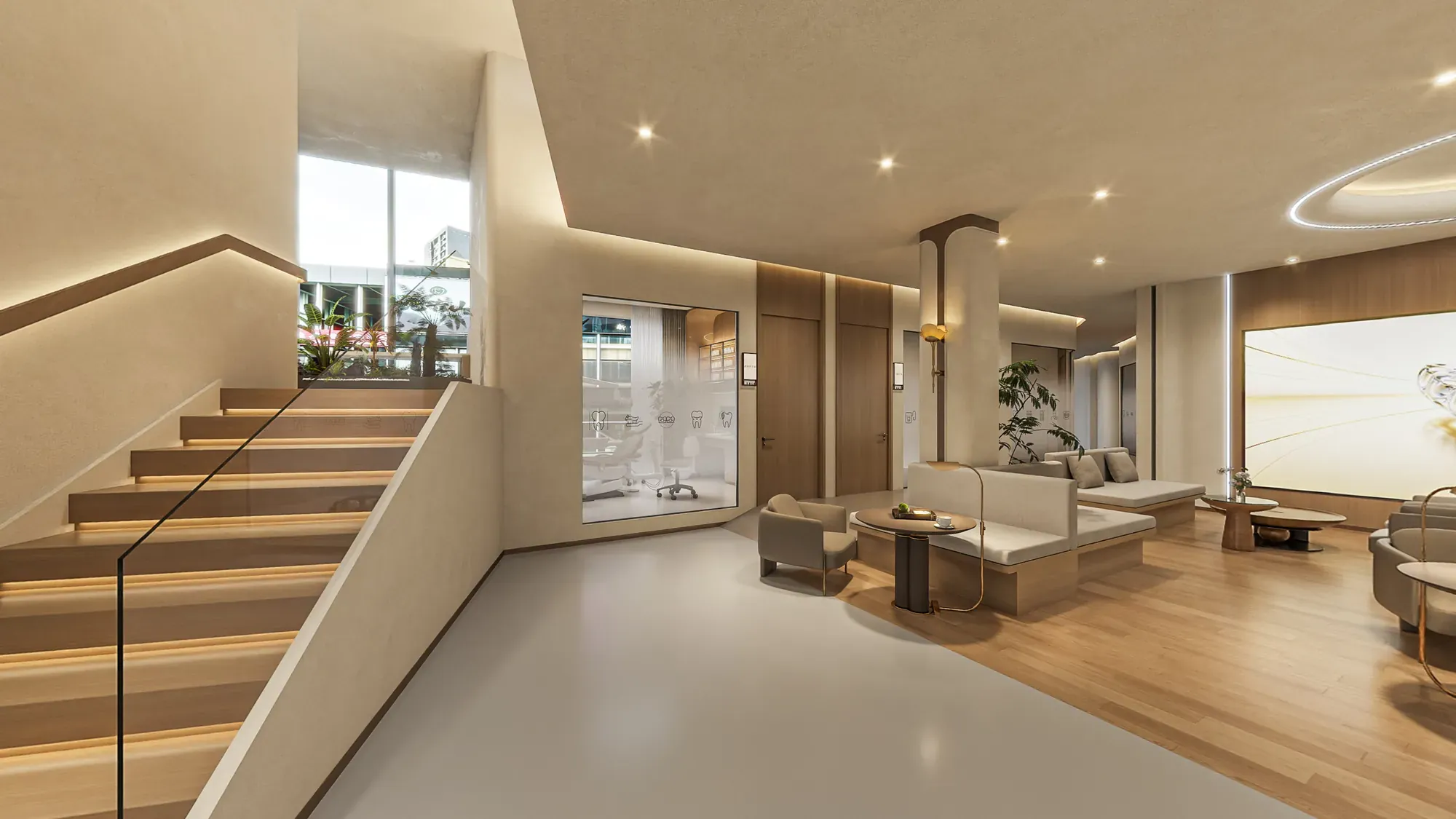 Dental hospital stair and lounge area with warm timber steps, soft seating and layered ceiling lighting
