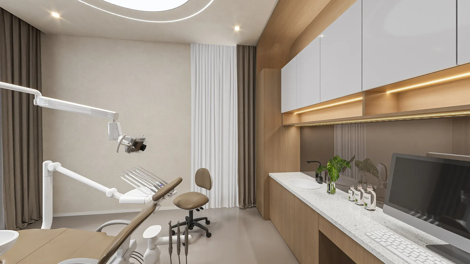 VIP dental treatment room with integrated cabinetry and warm indirect lighting
