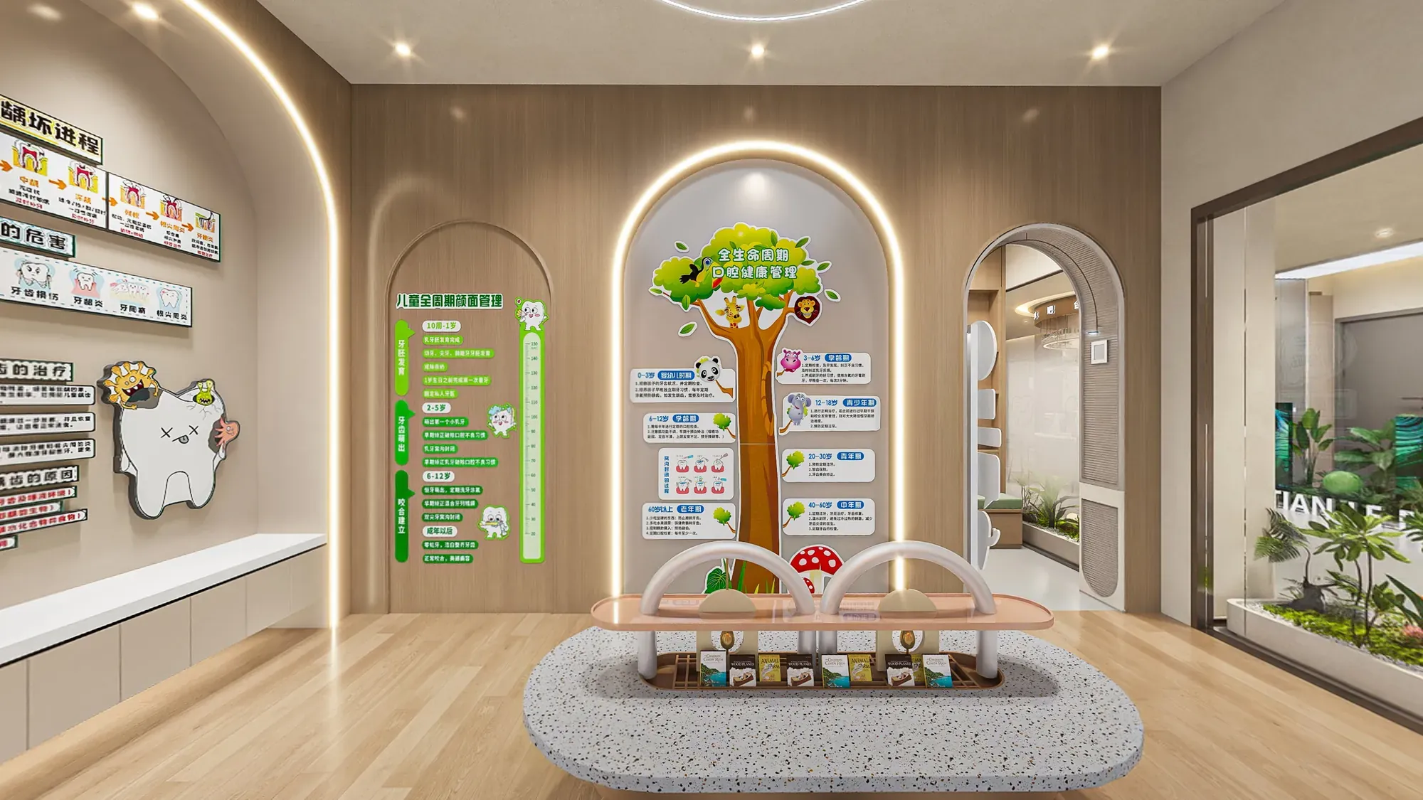 Education zone detail with rounded wall niches, green information graphics and display shelving