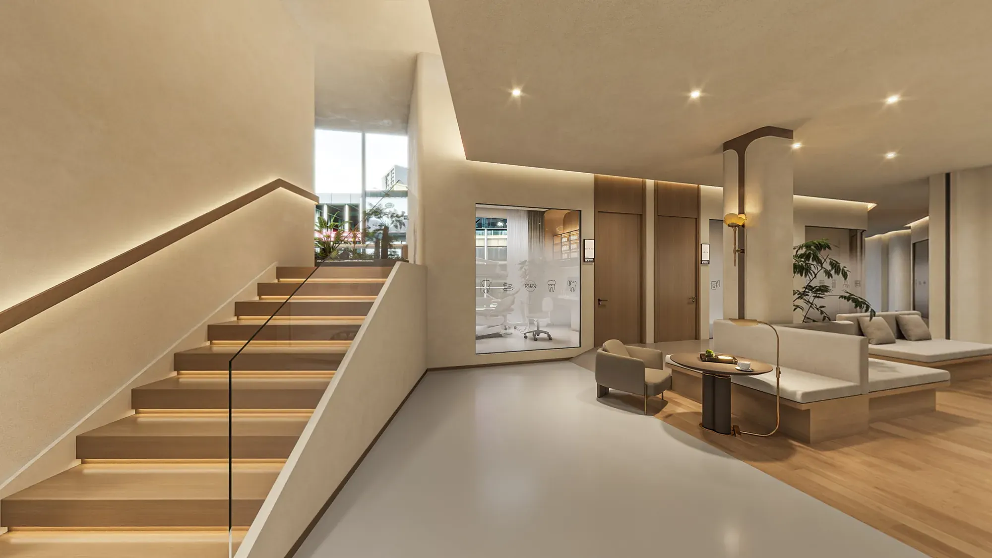 Stair detail with timber treads, integrated handrail lighting and a curved ceiling line